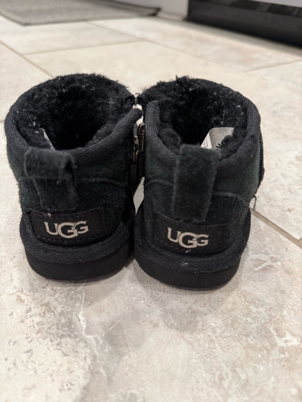 UGG Kids Black Fuzzy Zip-Back Booties